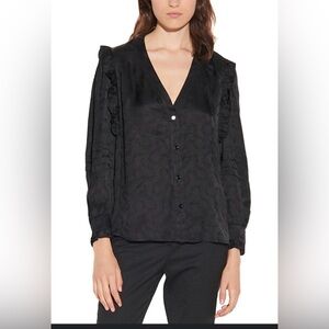SANDRO Jacquard Blouse Black With Ruffle Trim Sz 3